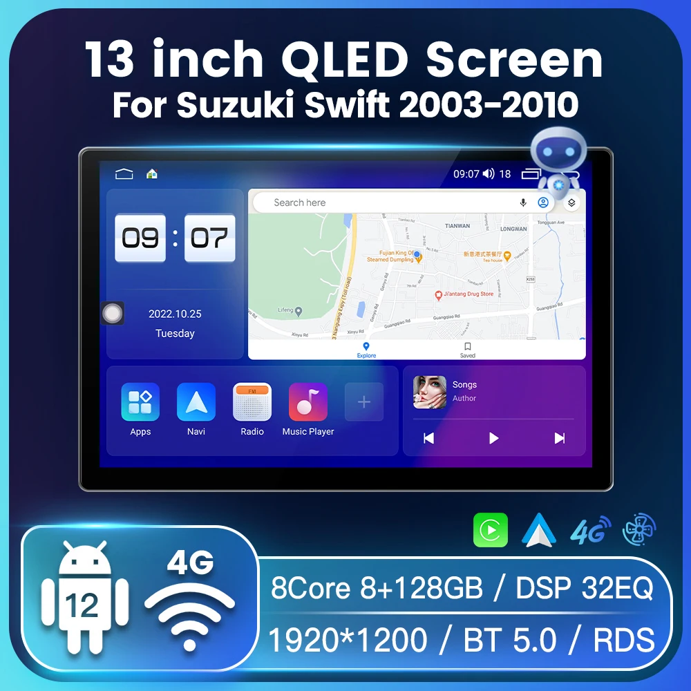 13-Дюймовый QLED Автомобильный Дисплей Для Suzuki Swift 2003 2005 2006 2007-2010 Мультимедийный плеер GSP RDS BT5.0 Беспроводной Carplay Android Auto