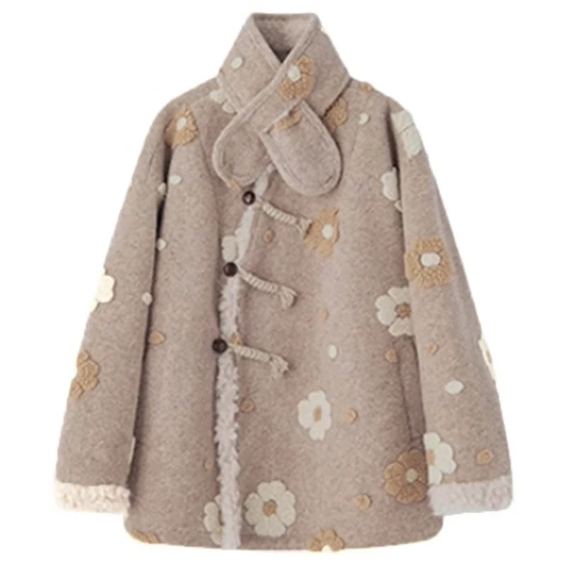 Милое объемное пальто с цветочным рисунком, женский зимний свободный и теплый топ с шарфом