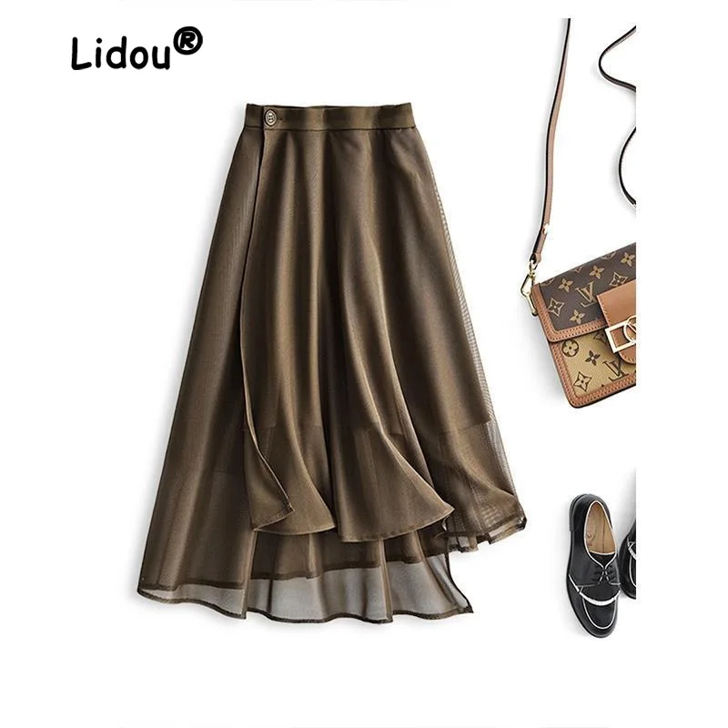 Модная летняя крутая женская юбка-полукомбинезон из тонкой сетки с нерегулярным подолом, новая Простая универсальная классическая юбка на пуговицах для леди