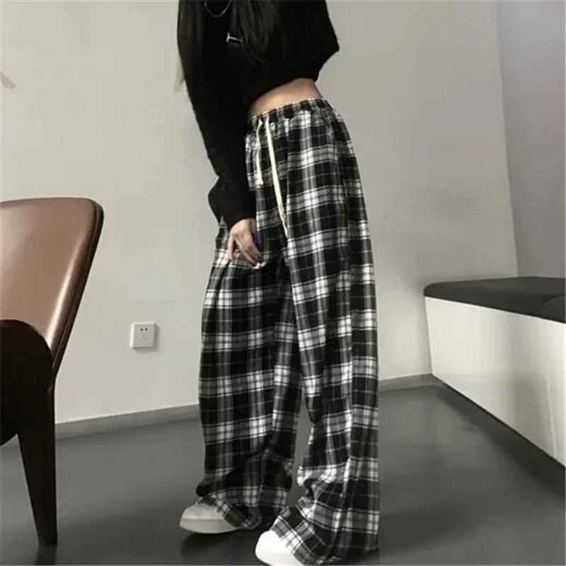 Черно-белые клетчатые брюки Harajuku, женские летние повседневные широкие брюки, подростковые хип-хоп Унисекс, Свободные прямые брюки