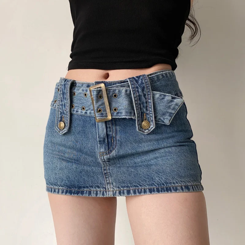 Джинсовая мини-юбка с широким поясом для женщин, Корейские горячие сексуальные Женские короткие юбки с карманами, Высокая талия, стиль Бохо-сафари M431