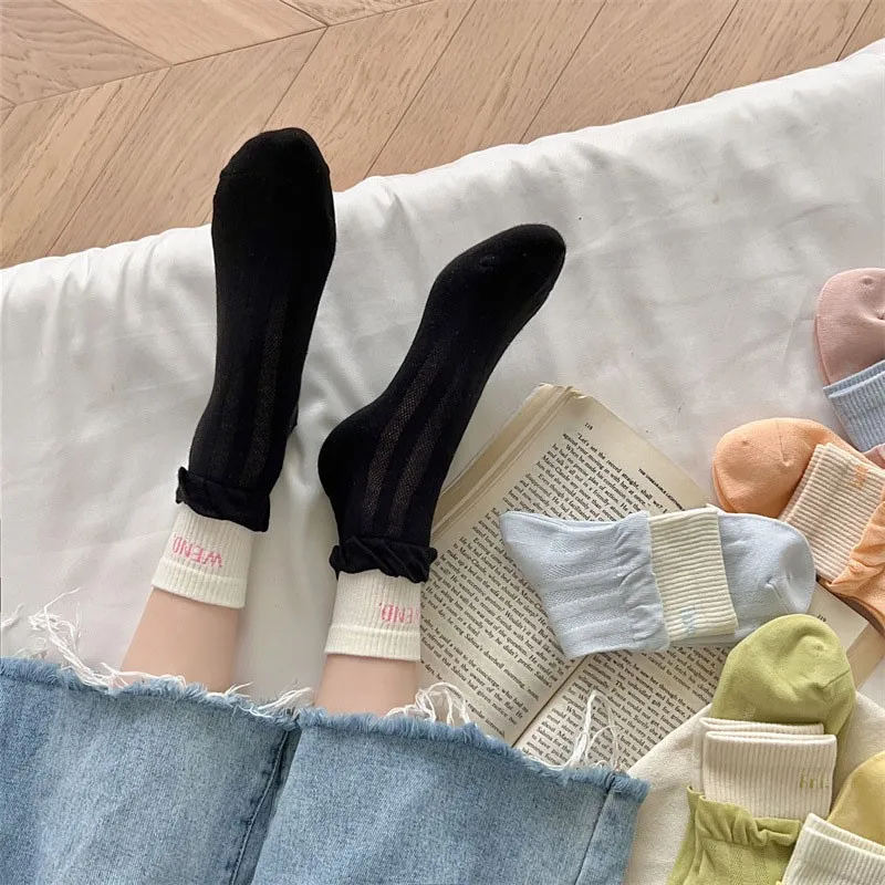 Женские хлопчатобумажные носки цвета Макелона с персонализированными двойными ребрами и простым буквенным принтом, модный тренд, Универсальные женские носки для экипажа G115