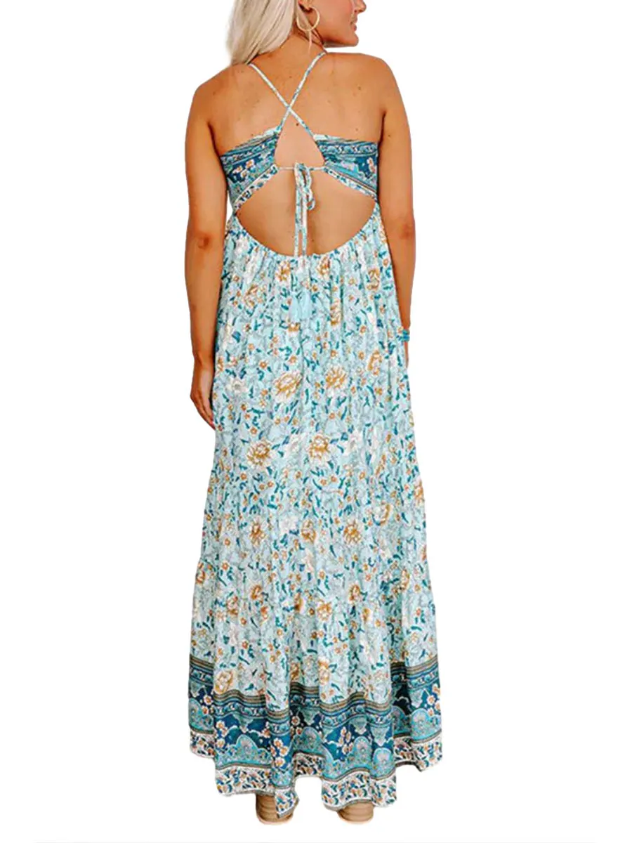 Женское платье Макси в стиле Бохо с Цветочным принтом, бретельками-спагетти и рюшами по низу - Стильное летнее пляжное платье-комбинация для длинного струящегося образа