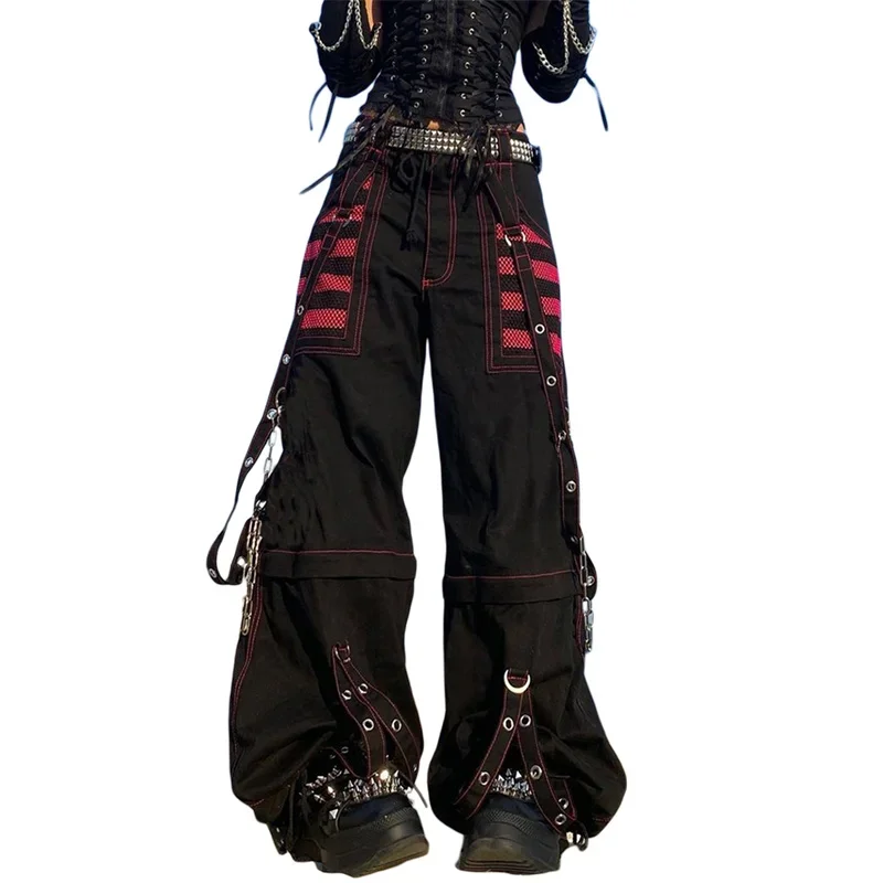 Женские брюки-карго y2k в готическом стиле в стиле панк, темные академические эстетичные мешковатые брюки с высокой талией и карманами, уличная одежда в стиле гранж.
