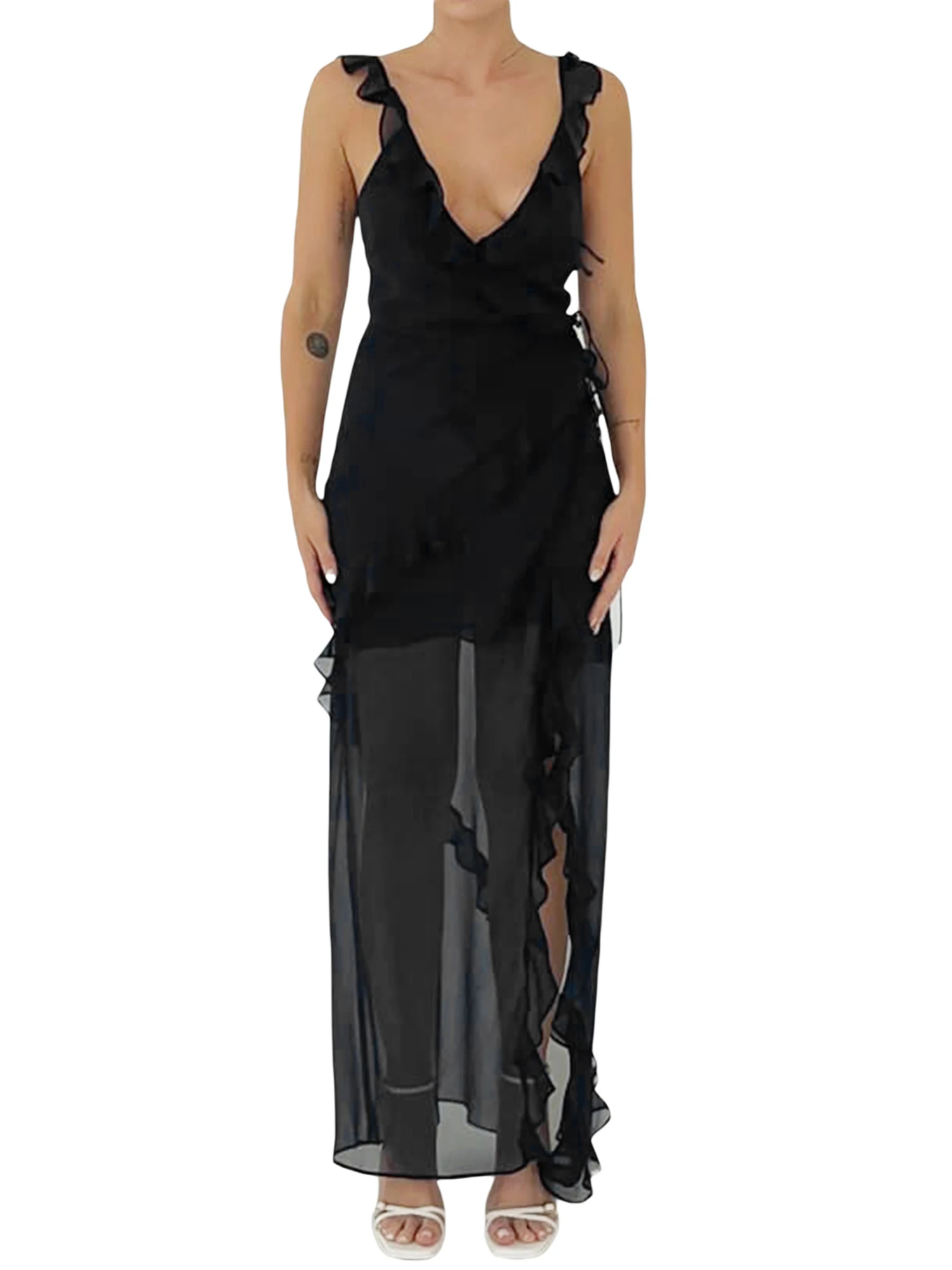 Элегантное платье Макси с Цветочным Принтом, Гофрированной отделкой и V-образным вырезом для Женской Летней Вечеринки, Коктейльная Уличная Одежда