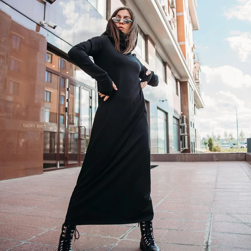 Темперамент Новое Модное повседневное платье-свитер длиной выше колена с капюшоном и длинным рукавом, женское свободное однотонное трикотажное платье