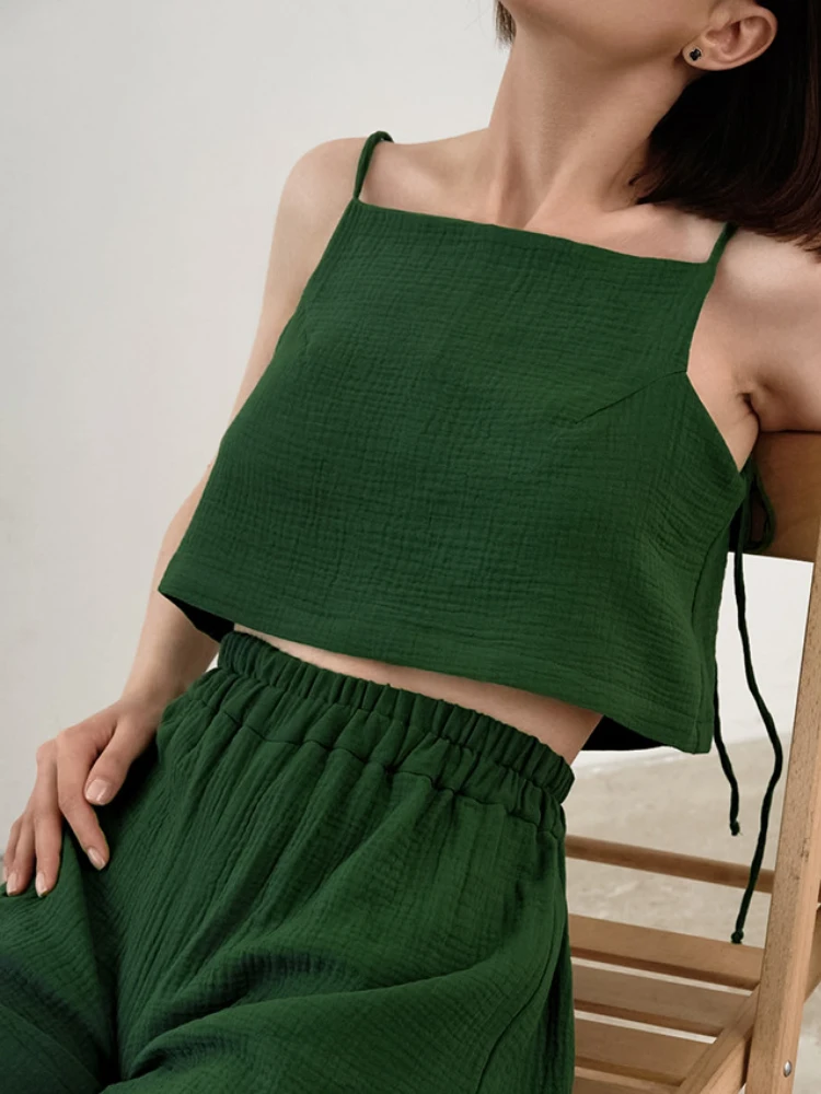 Лето 2023, новый французский хлопковый жилет на подтяжках, топ зеленого цвета, тонкий стиль, свободные удобные пижамы, женская домашняя одежда