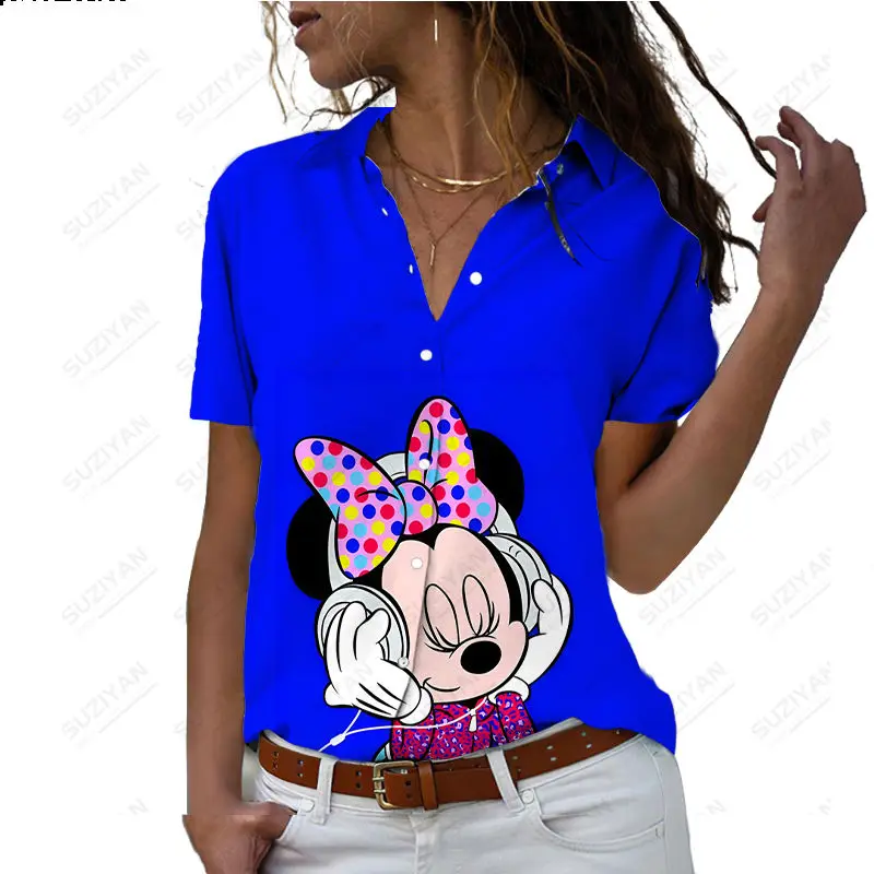 2023 Новая Модная Повседневная Весенне-Летняя Рубашка Disney Minnie Stitch С 3D Цифровым Принтом, Короткий Рукав, Женское Поло На Пуговицах, Универсальный Топ