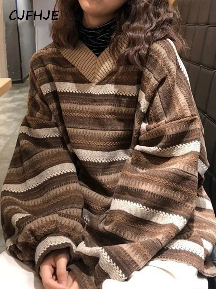 Женский повседневный пуловер в полоску с V-образным вырезом, вязаные свитера, Осенне-зимний джемпер в стиле ретро, свободный свитер в стиле харадзюку Оверсайз