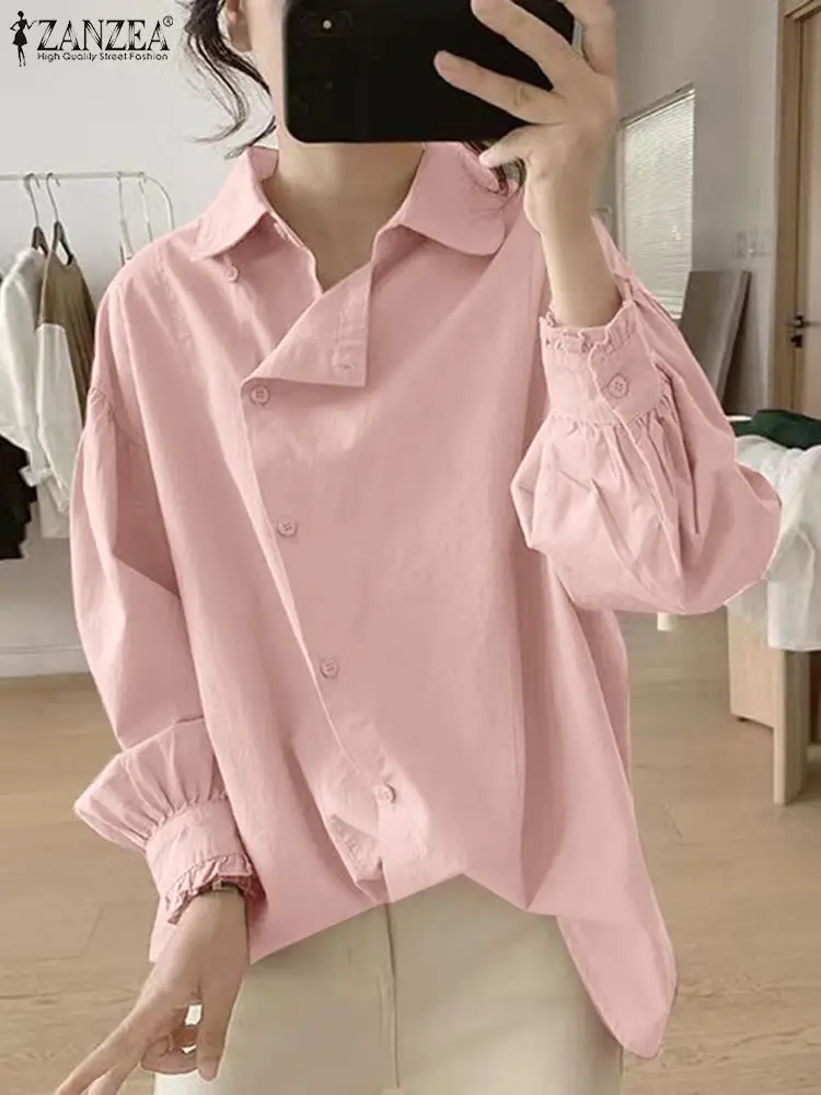 Женская модная блузка с отворотом ZANZEA, Винтажные Асимметричные рубашки, Повседневные свободные однотонные топы, туники, Праздничные офисные женские блузы