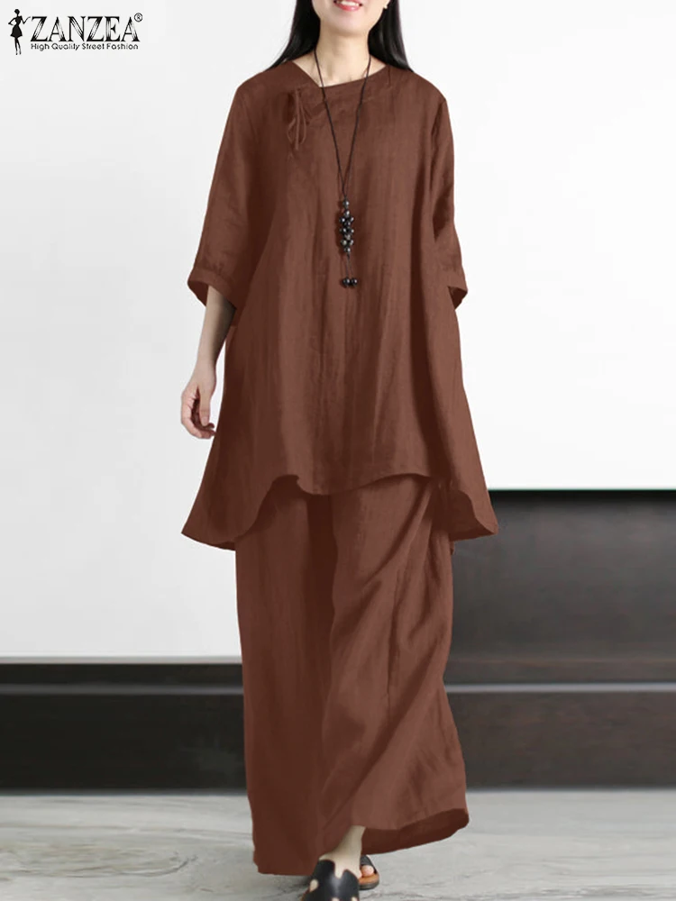 ZANZEA Woman, модный однотонный костюм, 2 предмета, блузка с рукавом 3/4, косой вырез, Широкие брюки, повседневные комплекты для отдыха большого размера
