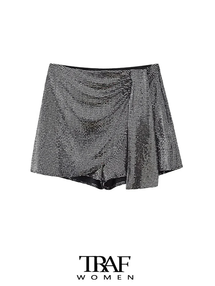 TRAF-Женские шорты-юбки с пайетками спереди, высокая талия, молния сбоку, Женские шорты, Модные