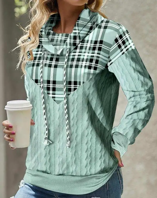 Топовая женская толстовка с капюшоном 2023 Осенний клетчатый принт, текстурированная толстовка с капюшоном, повседневная мода, пуловер с длинным рукавом, толстовка