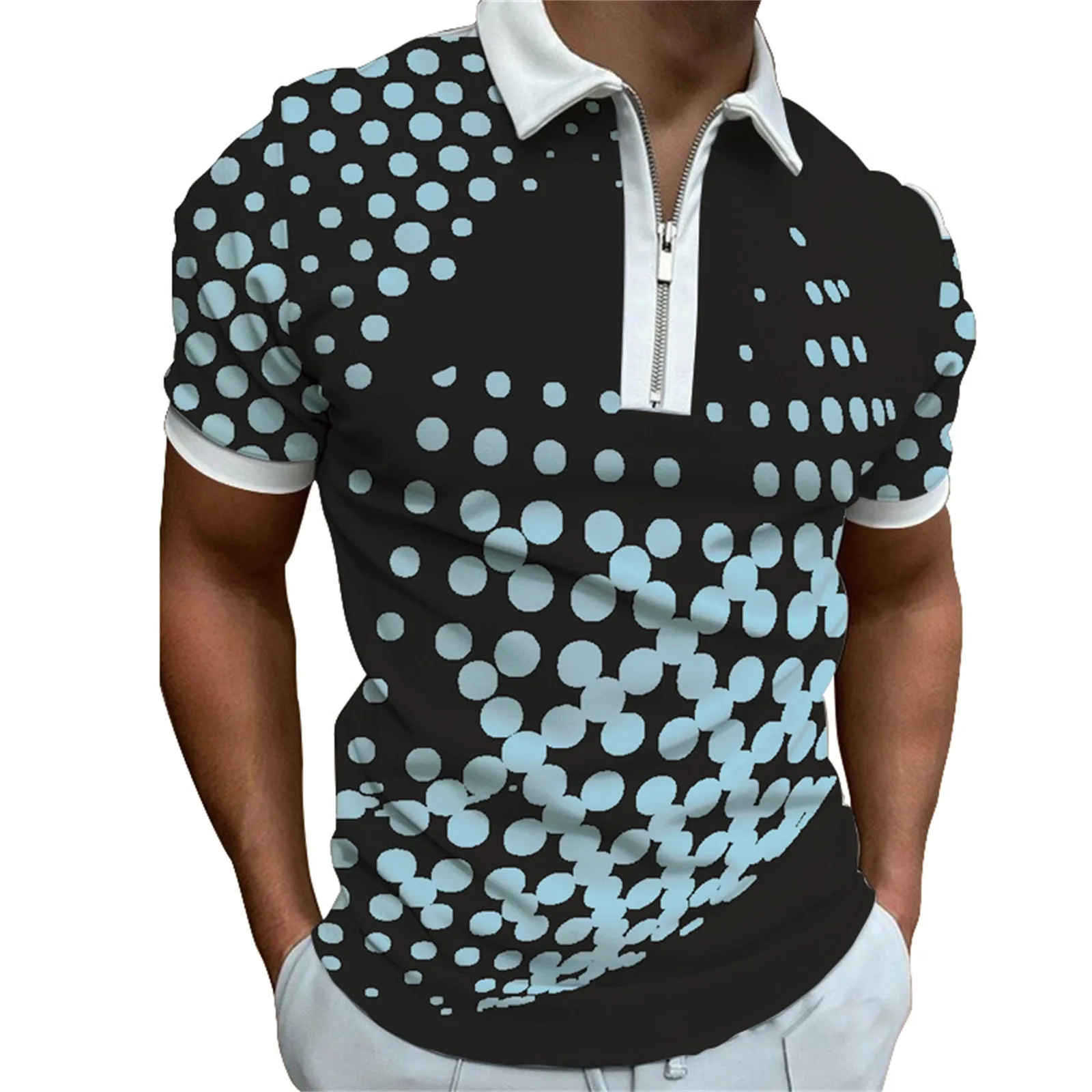 2023 Новая мужская футболка в полоску с лацканами и короткими рукавами с цифровым принтом на молнии, спортивная Оверсайз