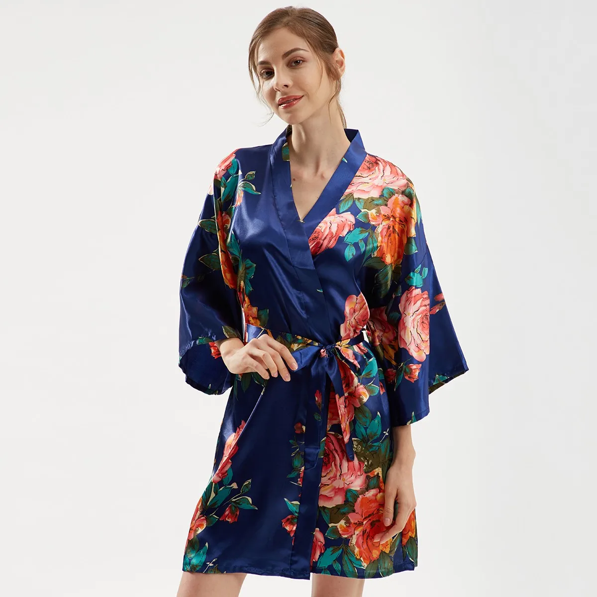 Женский халат большого размера, атласное платье-кимоно с цветочным принтом, халат с V-образным вырезом, ночная рубашка, сексуальное свадебное интимное белье для новобрачных, ночная рубашка