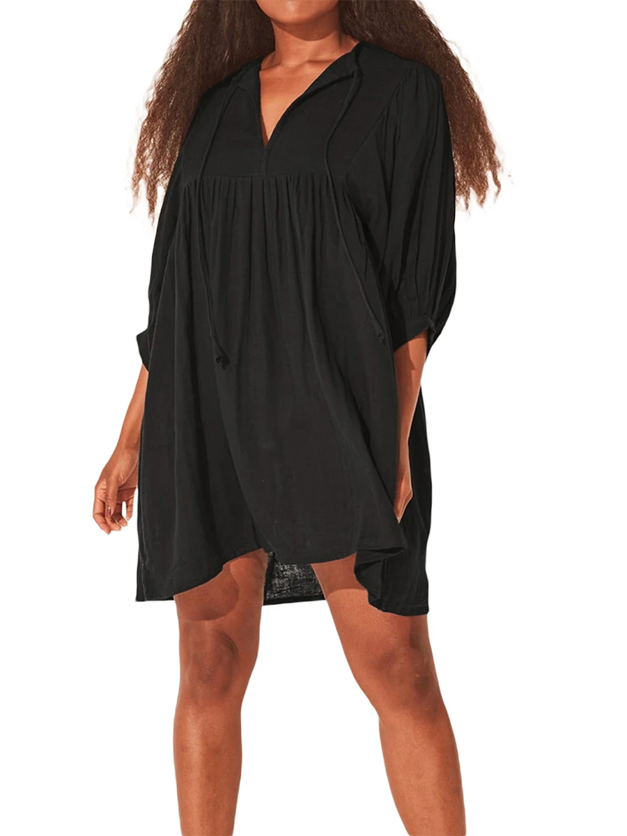 Женское свободное платье-качалка с V-образным вырезом и рукавами 3-4, галстук-веревка, плиссированное платье большого размера, повседневный пляжный струящийся сарафан