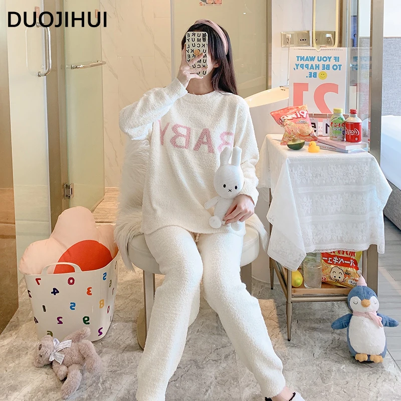 DUOJIHUI, Однотонный Модный женский пижамный комплект с буквенным принтом, Зимняя Простая Свободная Базовая Домашняя пижама из 4 цветов для женщин