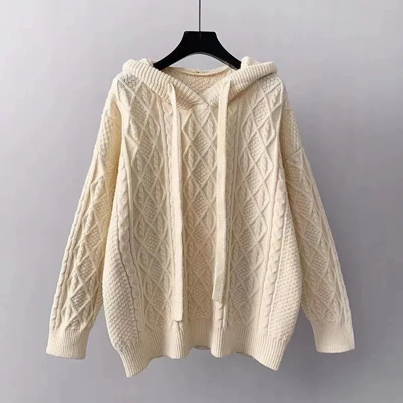 Осень-зима, вязаный пуловер с капюшоном, женский однотонный Простой Свободный Толстый Теплый женский свитер, универсальные топы N490