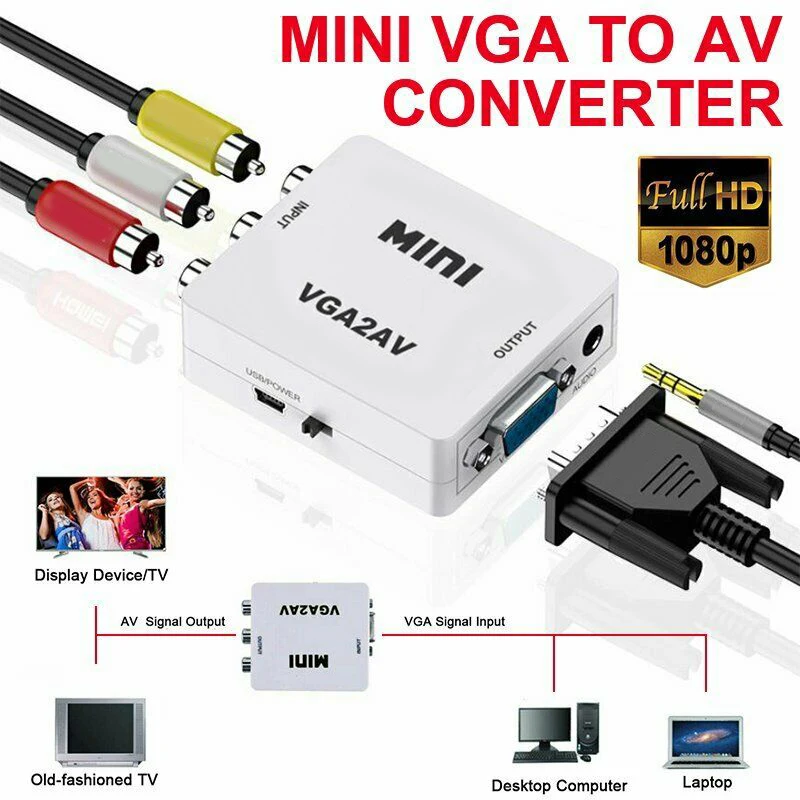 RISE-мини-конвертер VGA в AV, адаптер для масштабирования, конвертер 1080P VGA2AV с ПК на телевизор, HD-компьютер на телевизор