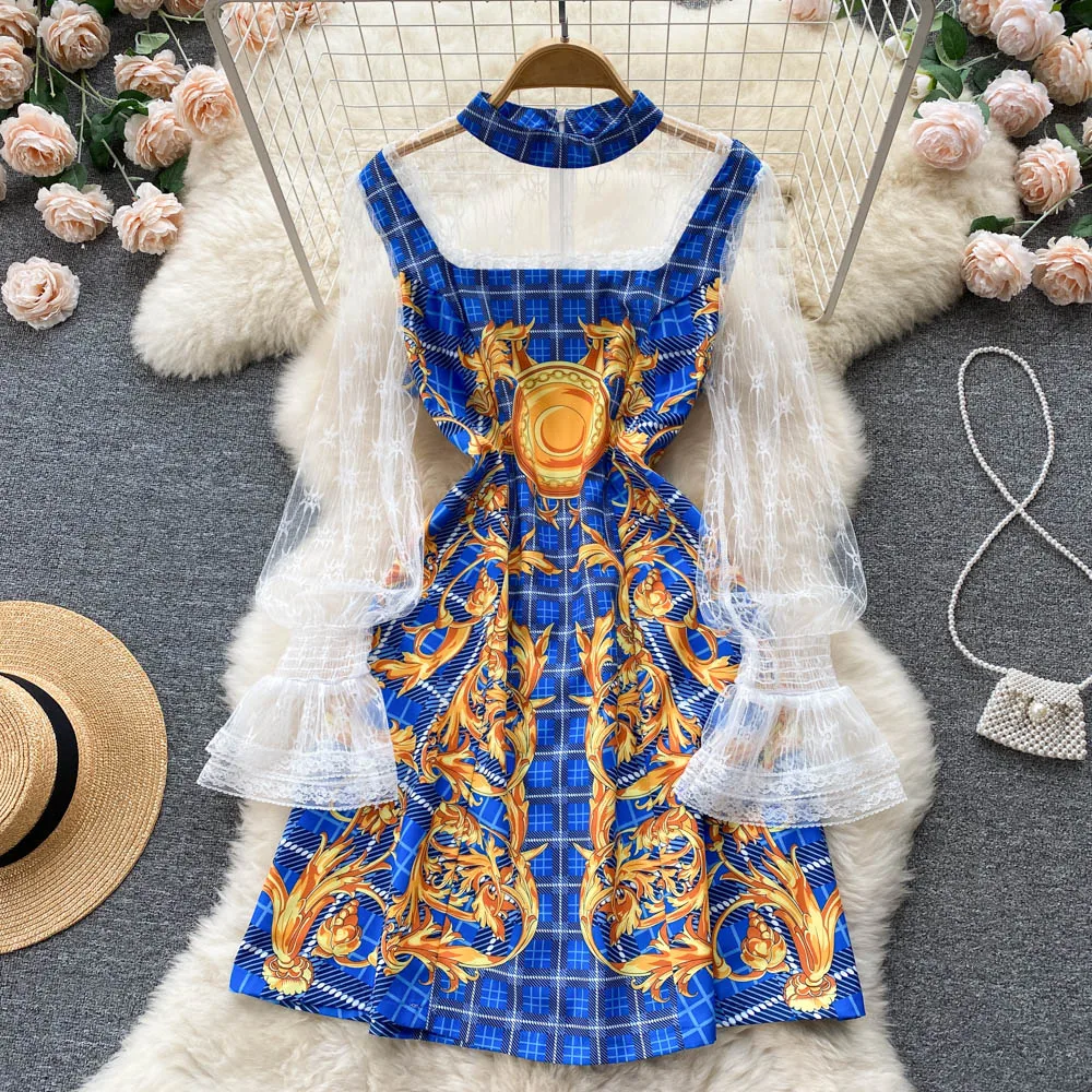 Модное дизайнерское Летнее платье для женщин 2022, кружевное сращивание, длинный рукав, синий принт, Праздничные Элегантные вечерние платья для подиума для женщин