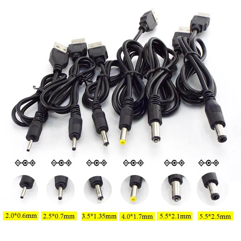 Тип USB-штекерный порт к DC 5V 2,0 * 0,6 мм 2,5 * 0,7 мм 3,5 *1,35 мм 4,0 * 1,7 мм 5,5 *2,1 мм 5,5 * 2,5 мм Разъем для Подключения кабеля питания
