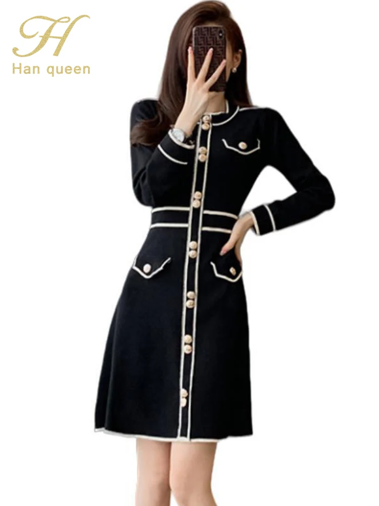 Осенние вязаные платья H Han Queen, Женские Корейские однобортные платья трапециевидной формы, элегантное модное тонкое повседневное платье для офисной вечеринки