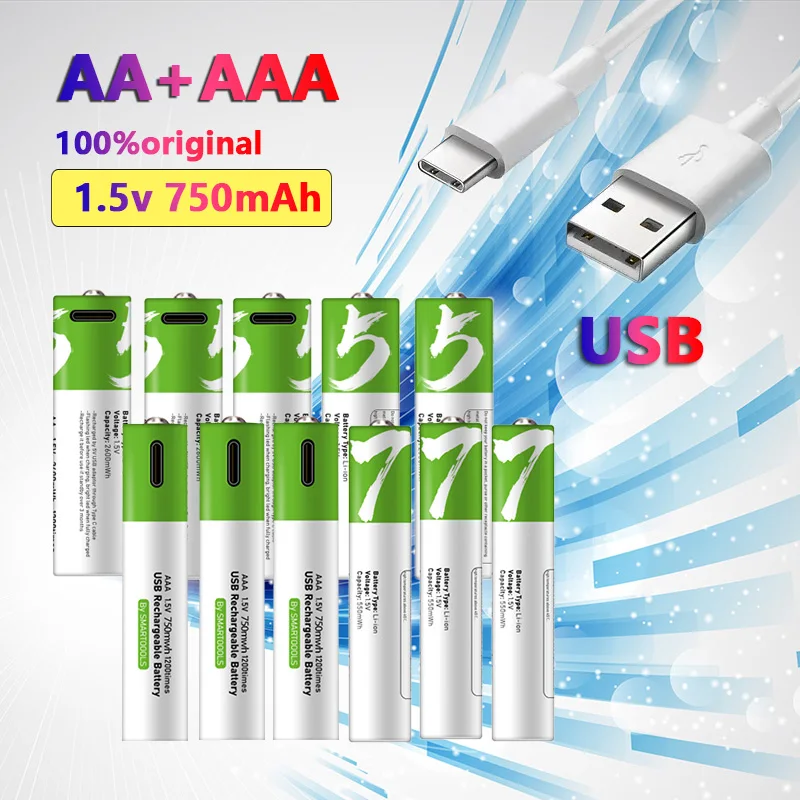 Новый USB type c + кабель AA и AAA Батарейки игрушечная мышь большой емкости с быстро перезаряжаемой литиевой батареей 1.5 V 750mAh + 2600mAh