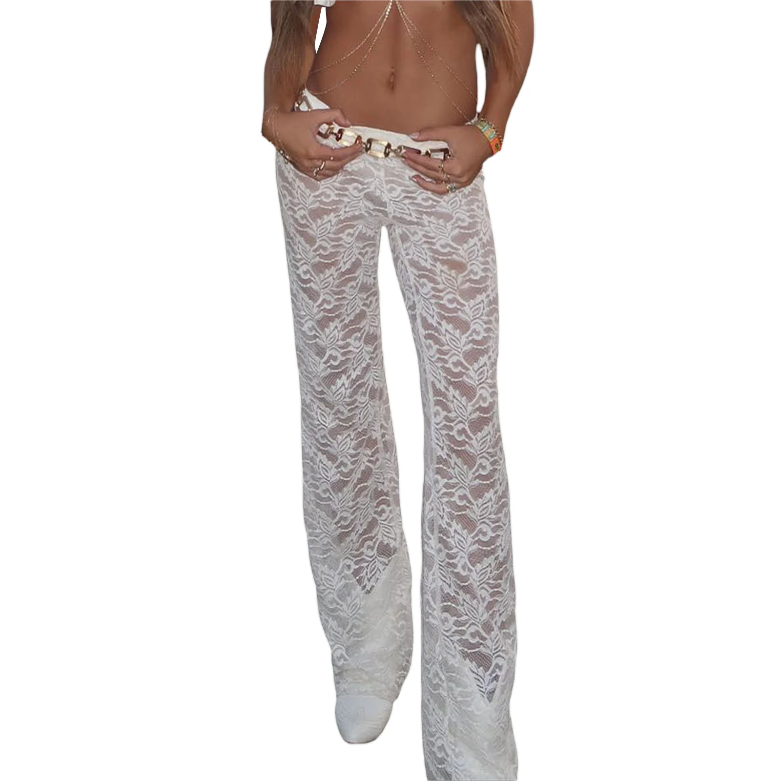 Женские кружевные брюки с цветочным рисунком, прозрачная сетка, эластичный пояс, облегающие брюки, летние повседневные прямые брюки.