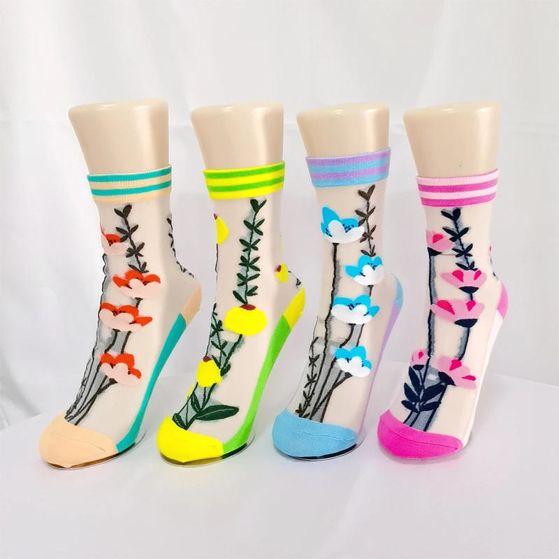 Милые стеклянные шелковые женские носки, весна-лето, дышащие Модные носки с Мультяшными литературными цветами, Корейская мода, забавные носки в стиле Харадзюку