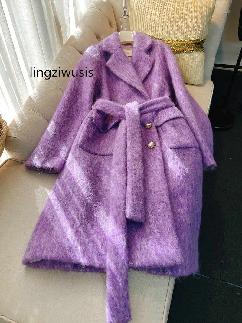 Женское шерстяное пальто французского винтажного стиля, элегантная фиолетовая двубортная шерстяная верхняя одежда высшего качества средней длины, новое поступление