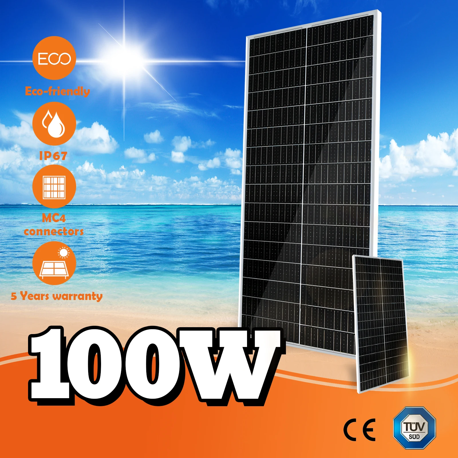 Стеклянная Солнечная Панель 100 Вт 12 В Монокристаллическая Солнечная Панель с Солнечными Разъемами, Высокоэффективная Фотоэлектрическая Мощность для аккумулятора Ch