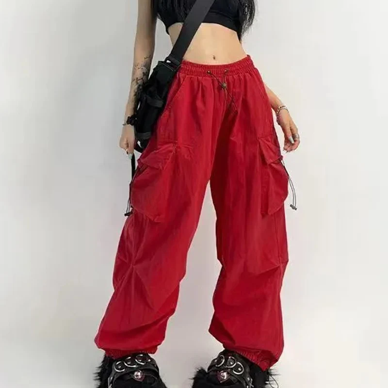 Хип-хоп Красные брюки в стиле хип-хоп, широкие брюки-карго, женские весенне-летние леггинсы неправильной формы с несколькими карманами, повседневные брюки