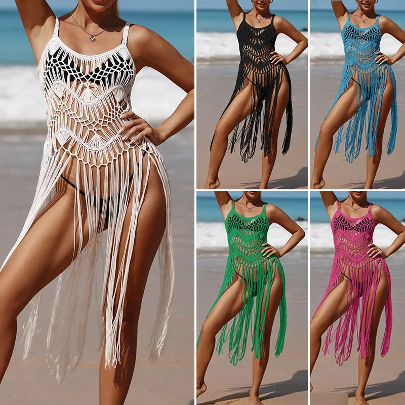 Женское летнее бикини, вязаное крючком, однотонная пляжная одежда без рукавов с полыми кисточками
