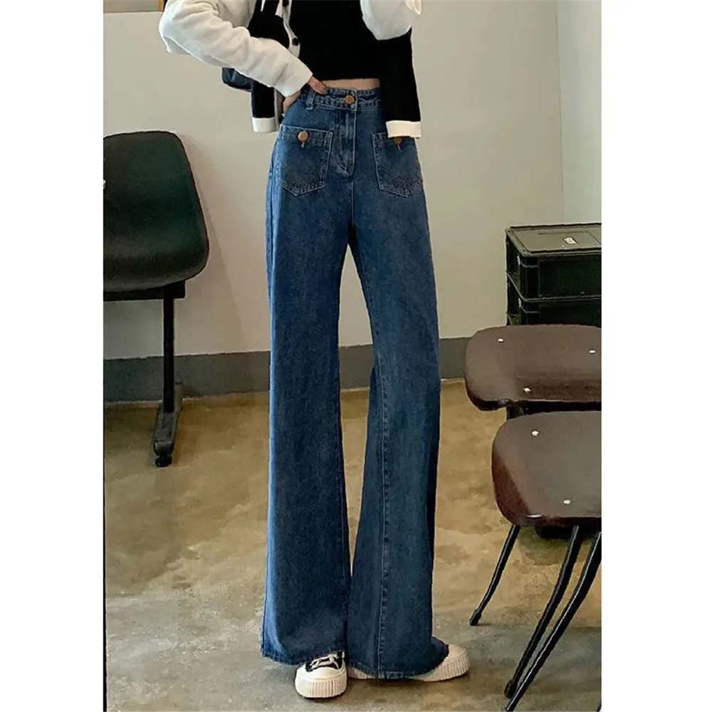 Узкие синие расклешенные джинсы с карманами, женские ретро Однотонные джинсы Y2k с высокой талией, Модная Базовая осенняя офисная женская уличная одежда, джинсовые Широкие брюки