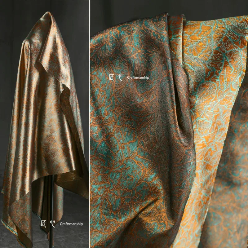 Жаккардовая ткань с оранжево-зеленой текстурой Lotus с четким и светоотражающим позолотой, пиджак и юбка с лошадиной мордой, дизайнерская ткань для одежды