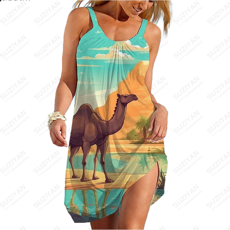 Свободное повседневное платье с 3D-принтом Desert Camel, летнее простое удобное платье с круглым вырезом, платье без рукавов, платье оверсайз