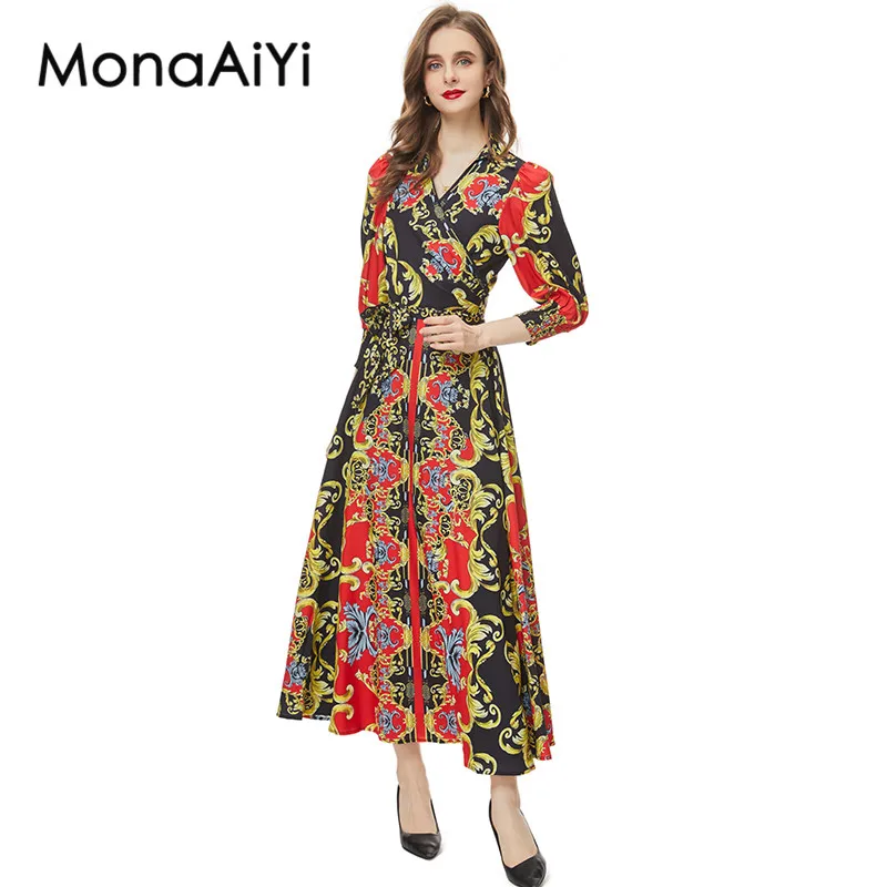 MonaAiYi Новое модное дизайнерское женское шифоновое платье с длинными разрезами и лацканами с красным принтом 