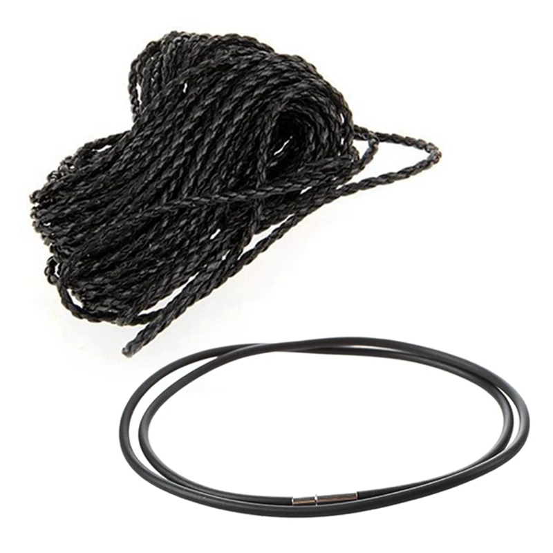 9 м Черный плетеный кожаный шнурок для ожерелья, 3 мм в горячем виде, с 3 мм черным резиновым шнуром для ожерелья - 24 дюйма