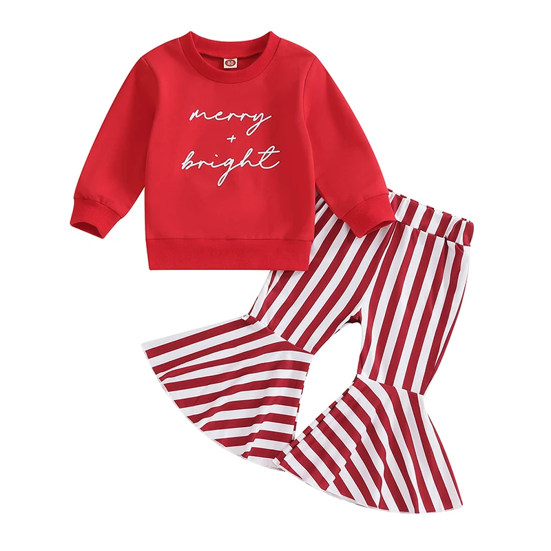 Рождественские наряды для маленьких девочек, толстовка с длинными рукавами и круглым вырезом с буквенным принтом для малышей и комплект расклешенных брюк в полоску