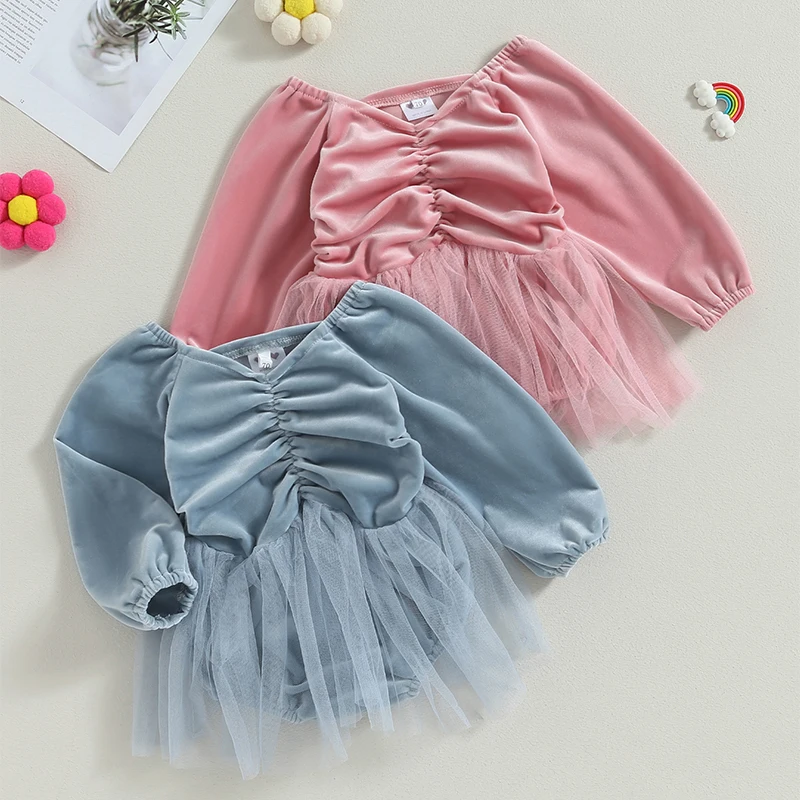 Платье-комбинезон для новорожденных девочек 0-18 м, однотонные бархатные сетчатые комбинезоны с длинными рукавами, милая одежда для малышей