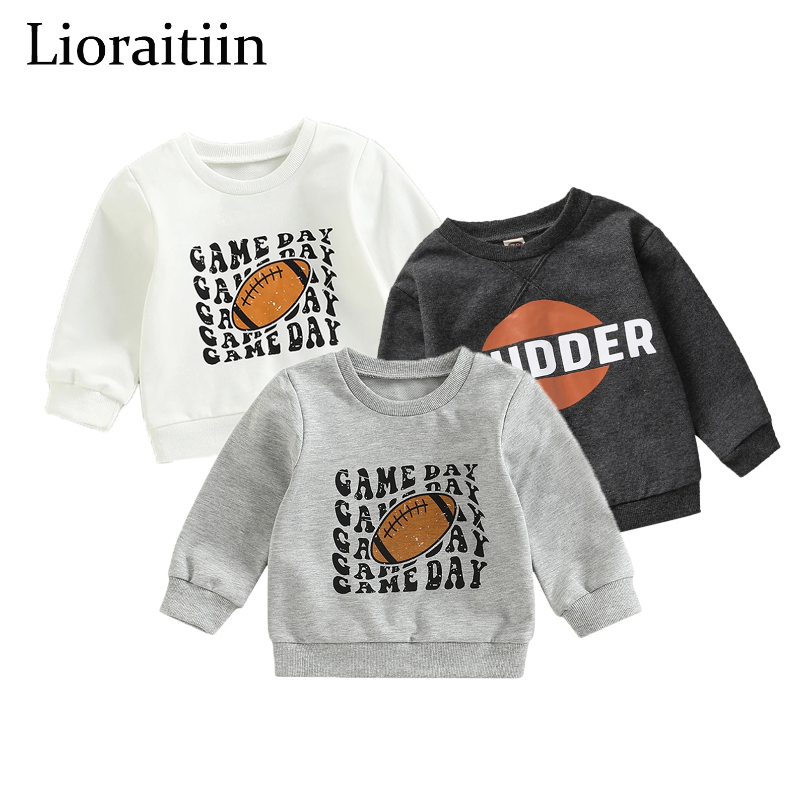 2022-09-08 Lioraitiin Толстовка для маленьких мальчиков от 0 до 3 лет с круглым вырезом и буквенным футбольным принтом, повседневные пуловеры, топы