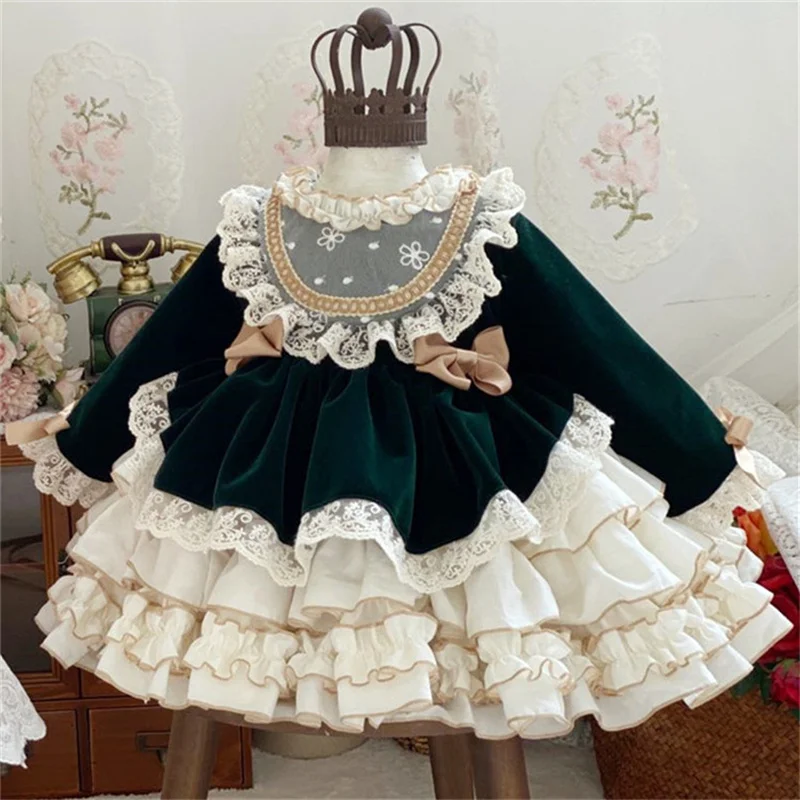Осенне-зимнее бархатное винтажное испанское бальное платье с помпоном для маленьких девочек, платье принцессы Лолиты, Рождественские платья для девочек на День рождения