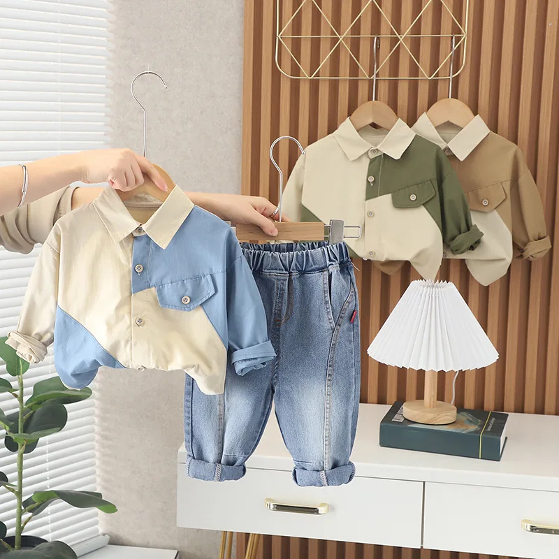 2023 Корейский Весенне Осенний комплект одежды из двух предметов для мальчиков Рубашка с длинными рукавами, Джинсы, брюки, Костюм для малышей, одежда для мальчиков
