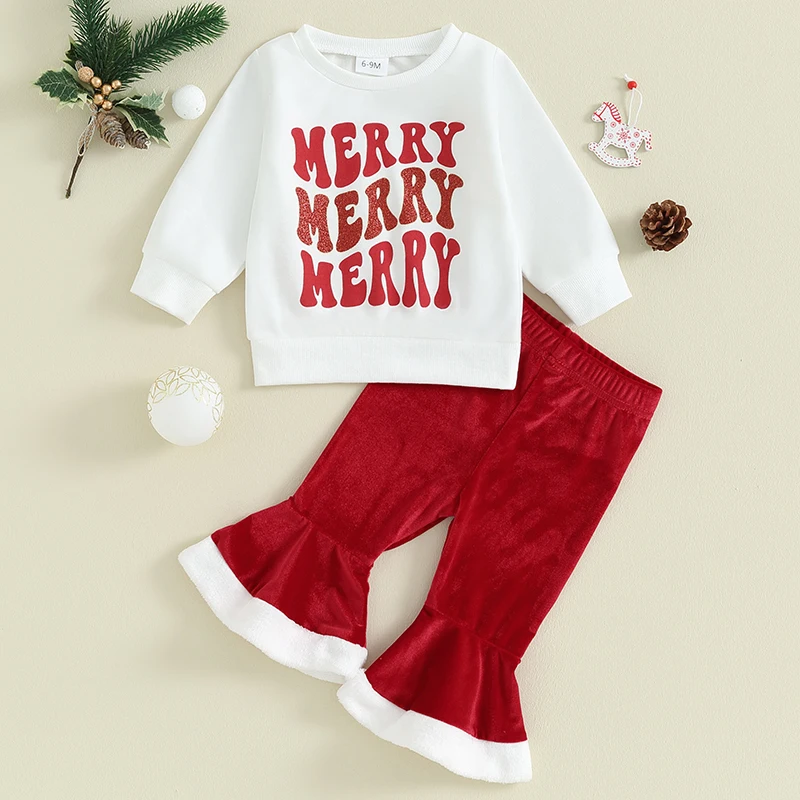 Комплект одежды с расклешенными брюками для маленькой девочки, комбинезон с надписью Санта, толстовка, расклешенные брюки, Рождественский наряд на День Святого Валентина для малышей