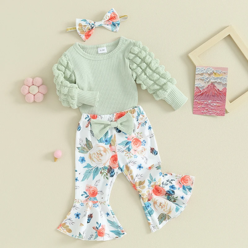 Осенне-зимний комплект для новорожденных девочек, вязаный комбинезон с длинными рукавами, расклешенные брюки с цветочным рисунком, комплект одежды из 3 предметов