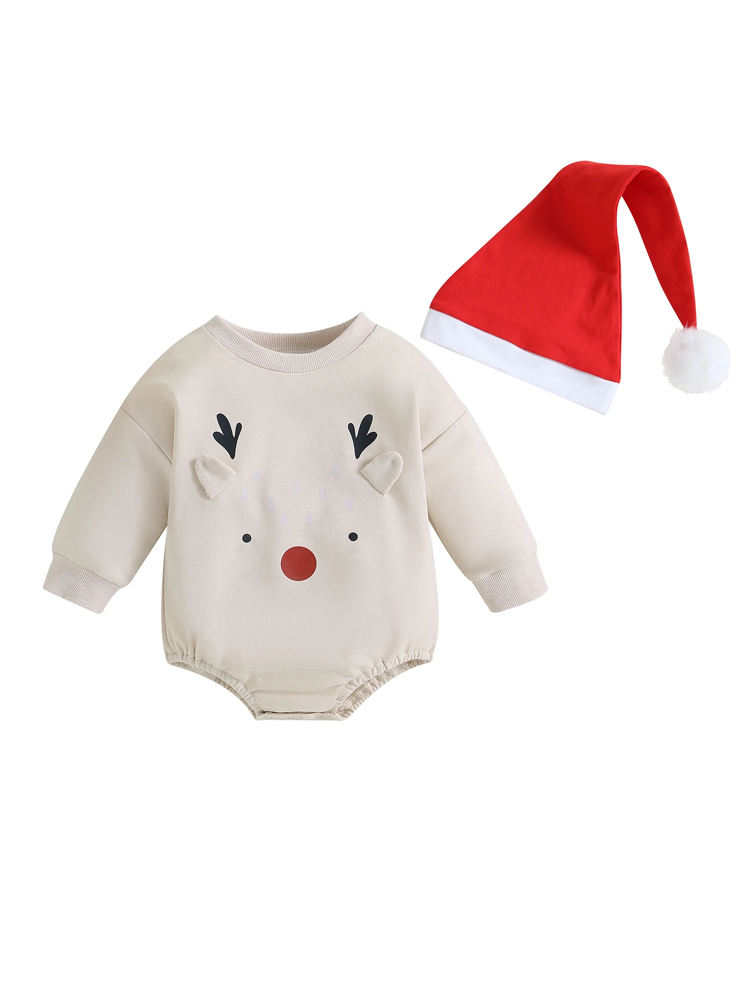 Милый Рождественский наряд для малышей с рисунком оленя, уютный комбинезон с длинными рукавами и шапочкой в тон - идеальный комплект из 2 предметов для мальчиков и