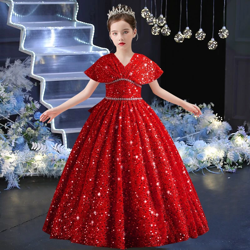 Платье для девочек 5-14 лет, детское платье принцессы с жемчужным узором и рукавом в виде листьев лотоса, карнавальный костюм ведущей высокого класса