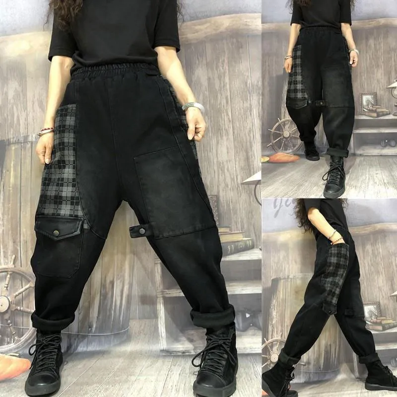2021 Весна Осень, Новый Художественный стиль, Женские Свободные черные джинсы с эластичной талией, женские винтажные лоскутные джинсовые шаровары в клетку V60