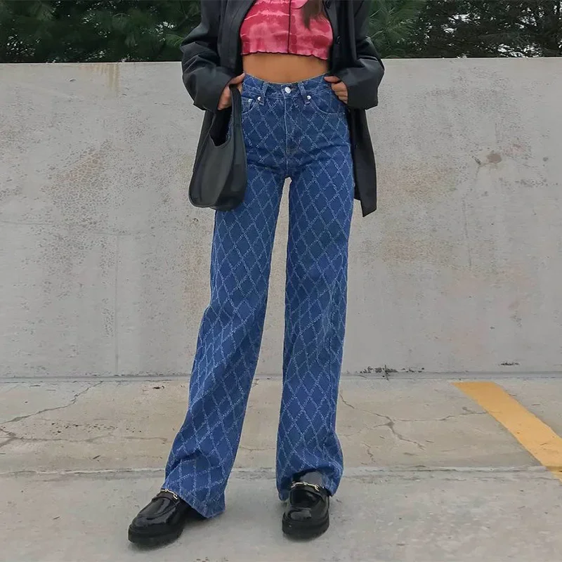 Женская уличная одежда с высокой талией 90-х, мешковатые джинсовые брюки в клетку из аргайла, винтажные инди-брюки Y2K, эстетика, синие джинсовые наряды для фигуристов