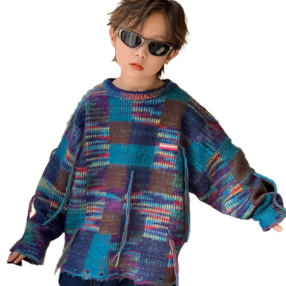 Одежда для мальчиков 2023, осенний детский модный тренд, пуловер с круглым вырезом, вязаный свитер в полоску нового цвета